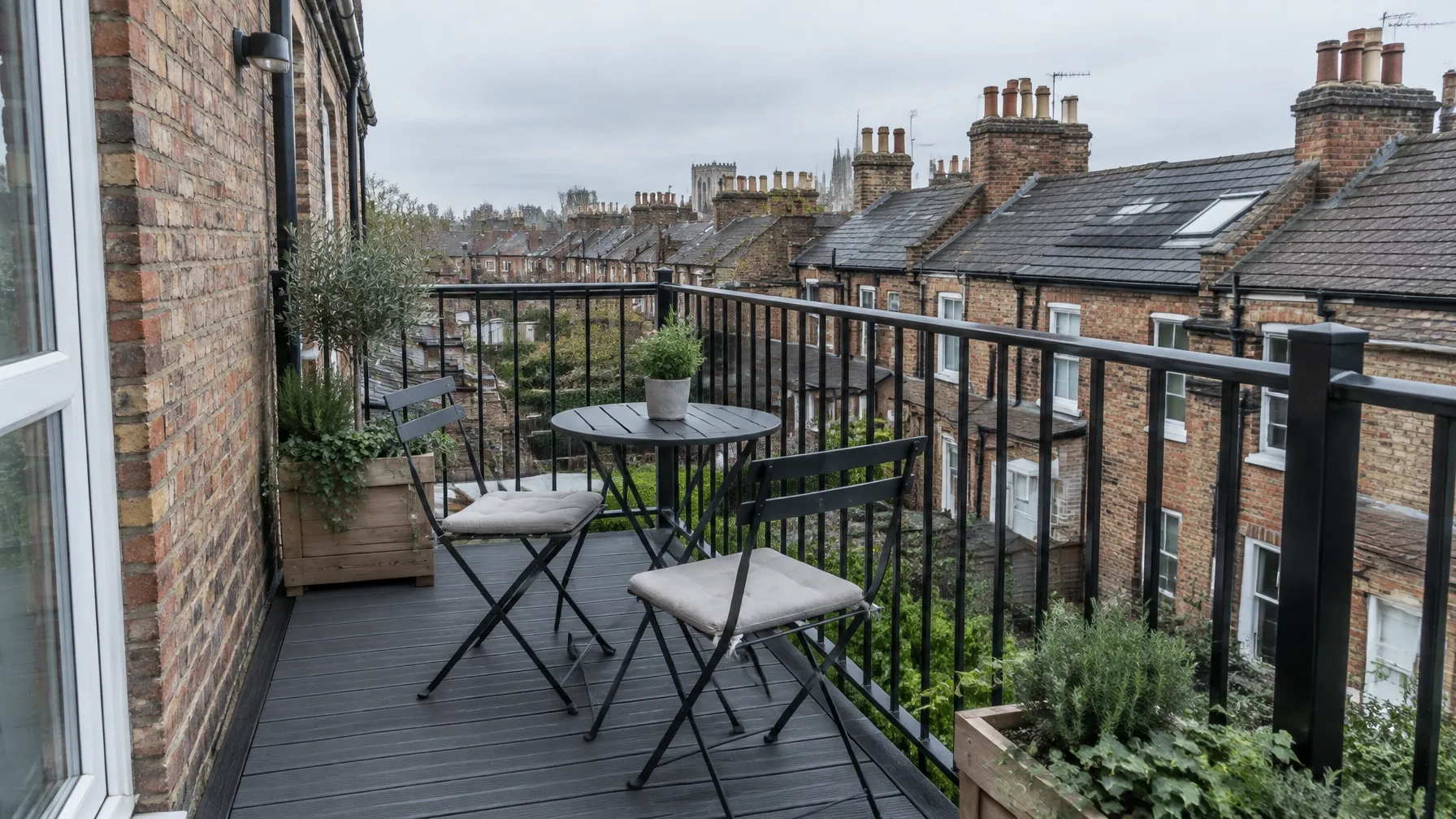 Relaxed balcony seating overlooking a garden
